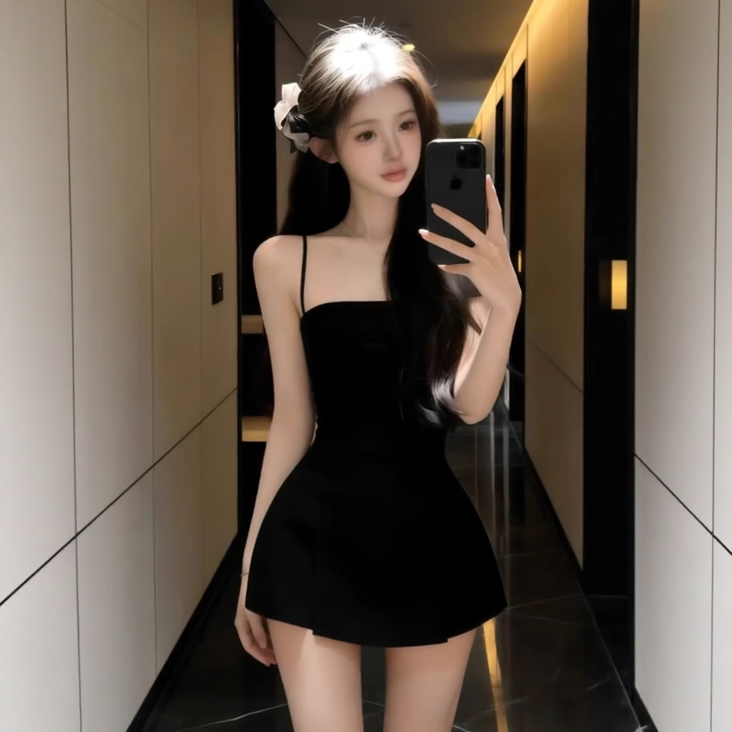 纯欲天花板绝美细吊带黑色洋装掐腰A字超短裙小个子辣妹穿搭夏
