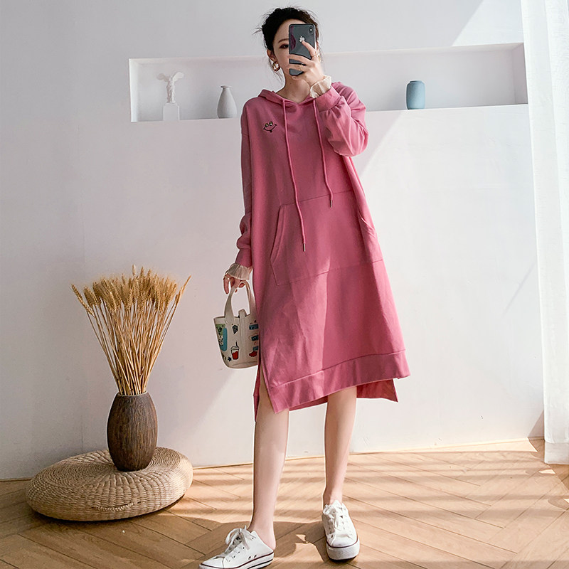 출산 봄 후드 티셔츠 2024 봄 중간 길이 드레스 봄 느슨한 패셔너블 긴팔 트렌디 엄마 탑