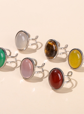 晶东珠宝 玛瑙虎眼石椭圆形钛钢戒指女生设计感欧美跨境指环批发