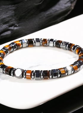 晶东珠宝 天然黄虎眼石黑胆石隔珠手链欧美跨境男女款高级感手饰