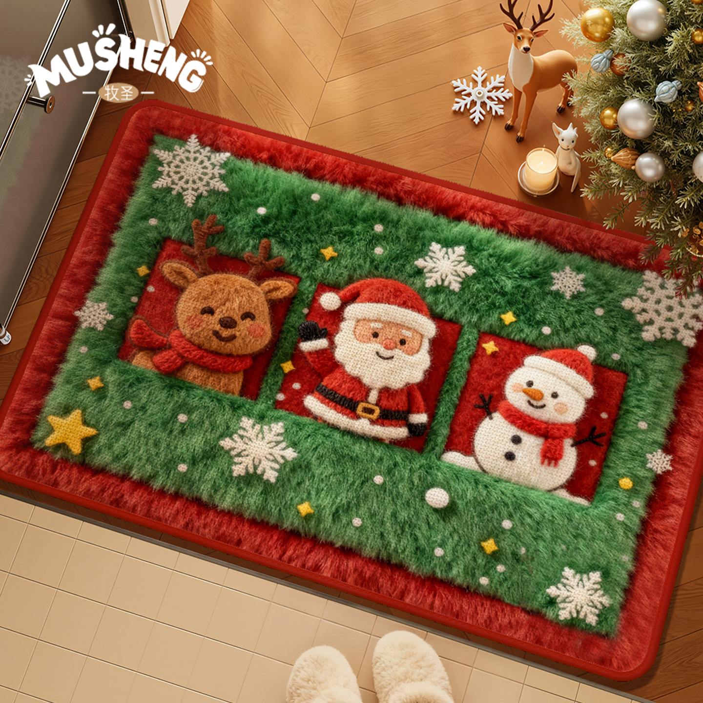 圣诞节入户门地垫仿亚麻防滑脚垫