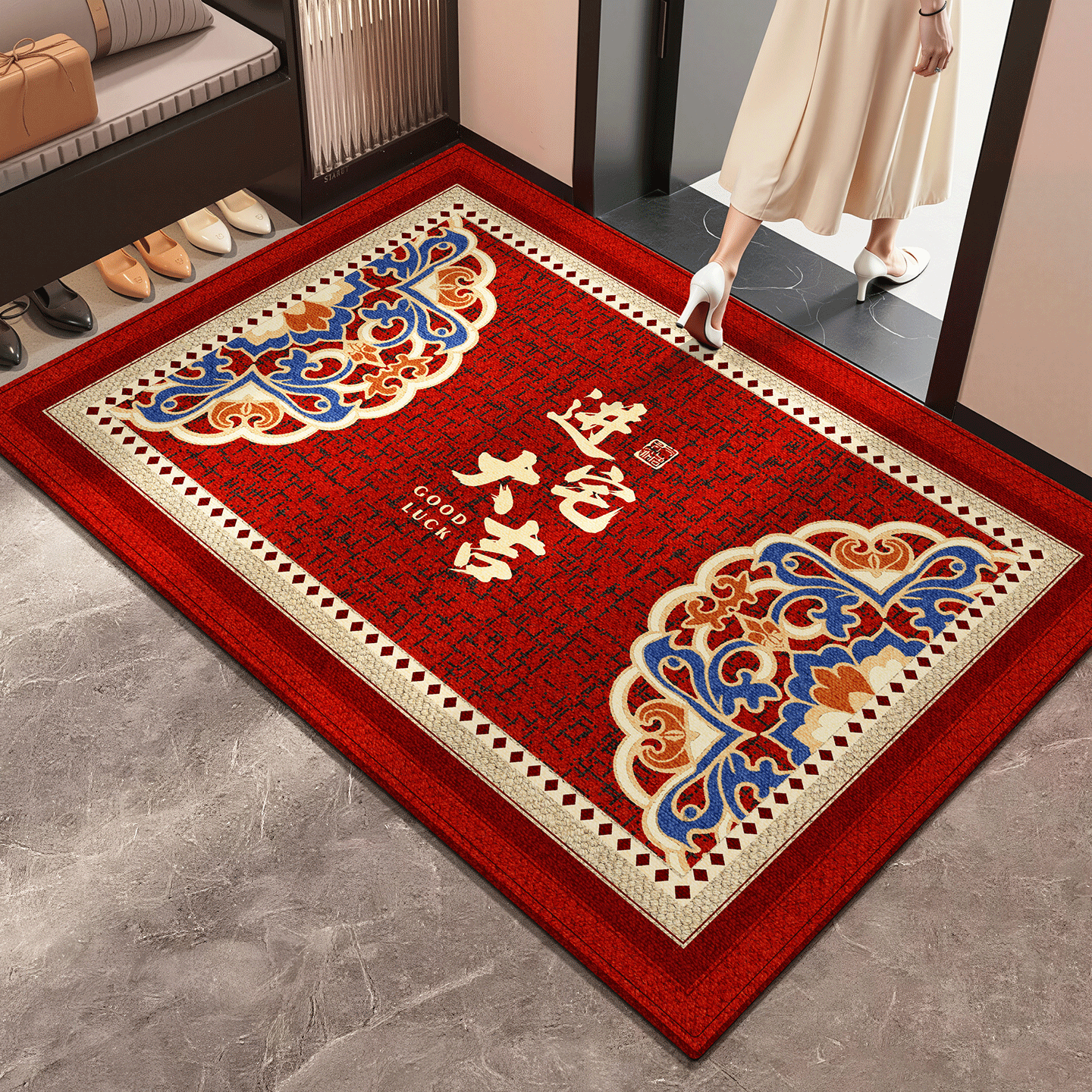 中古风高级感红色入户门地垫脚垫