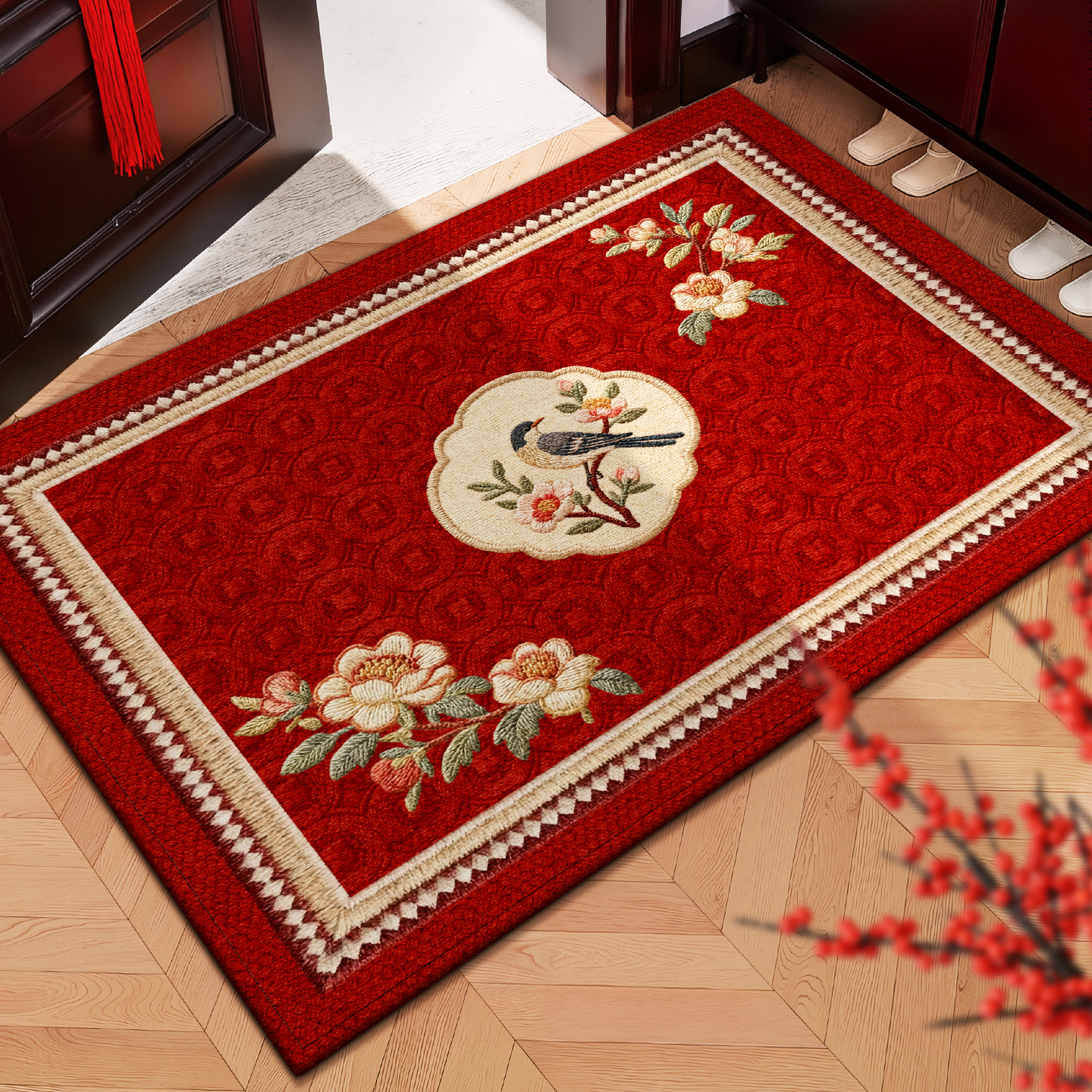 2026中式红色比利时绒入户门地垫