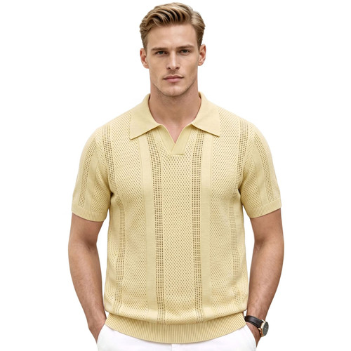 2026夏欧美男士商务休闲短袖Polo衫镂空透气针织上衣Men T-shirt
