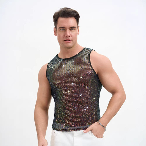 2026欧美男士亮片修身背心夜店音乐节上衣派对网纱打底衫Men vest