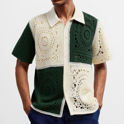 2025夏法式小众设计感针织衫拼色手钩镂空短袖衬衫男Men's shirts