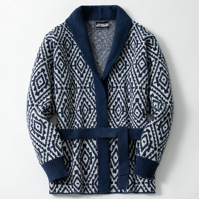 Men knitted jacket2025冬季菱形提花毛织外套加厚中长款开衫毛衣