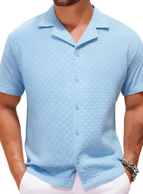 2025夏季新款美式休闲短袖衬衫男士古巴领大码提花衬衣Men Shirt