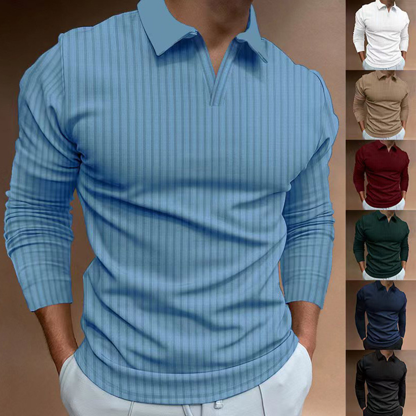 2026秋季长袖Polo衫男竖条纹翻领T恤纯色百搭打底上衣Men T-shirt图片