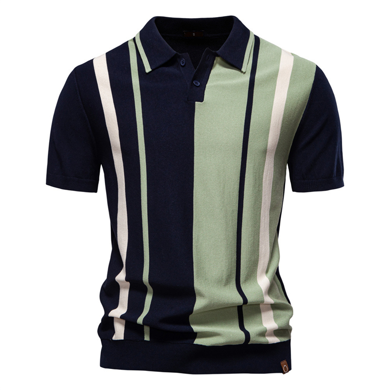 2025夏季男士条纹拼色针织Polo衫大码休闲短袖上衣Men's T-shirt