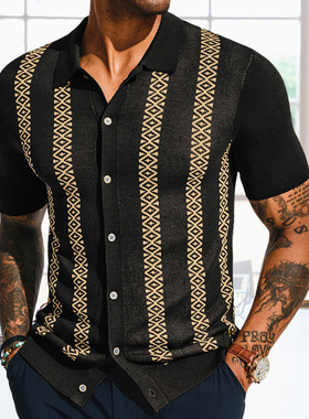 2025夏季欧美男装条纹拼色提花针织短袖开衫休闲POLO衫Men Shirts
