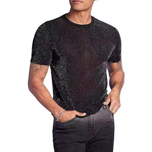 春夏新款圆领闪亮短袖T恤男夜店性感透视上衣表演服Men's T-shirt