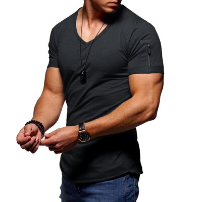 2026夏季外贸新款纯色V领短袖T恤男大码弹力修身上衣Men T-shirt