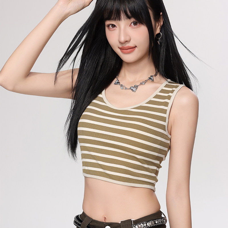 露脐条纹吊带背心女士带胸垫一体式修身显瘦短款内搭外穿打底上衣