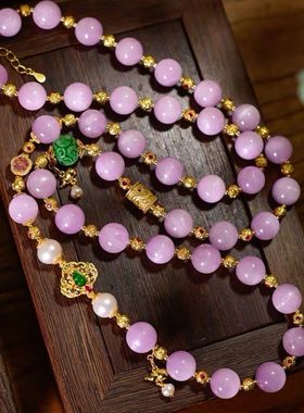 紫锂辉长款项链仿翡翠葫芦干青碧玺花朵奢华高档新中式国风挂链