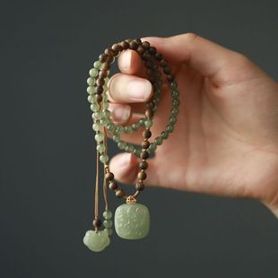 仿和田玉晴水大黑天财神吊坠项链新中式奇楠沉香锁骨链女金扣头