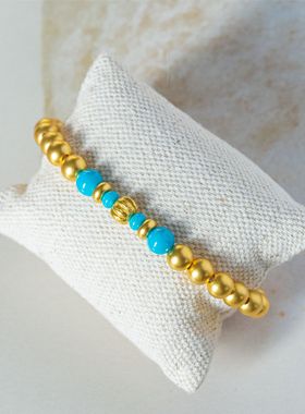 古法金6mm金珠高瓷蓝松石睡美人手链手绳手串轻奢个性小众女礼物