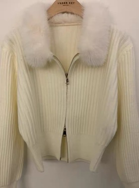 UNDER KEY韩国直邮东大门正品代购毛领拉链针织开衫毛衣外套女
