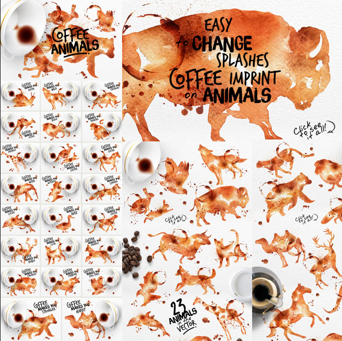 矢量23张 咖啡杯水彩动物图案猫咪马牛熊 ai,eps设计素材含psd