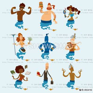 卡通可爱童话阿拉丁神灯的故事人物许愿神仙游戏UI设计矢量素材