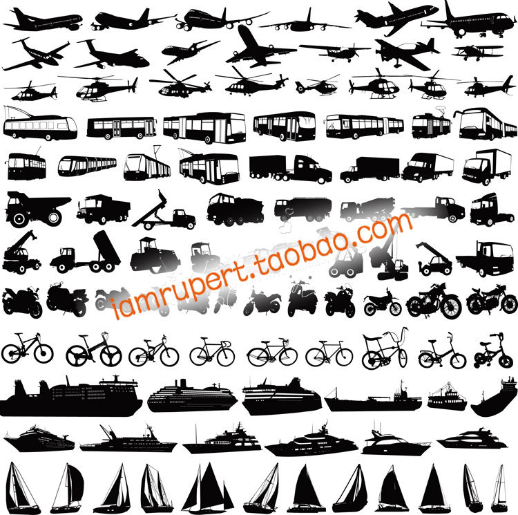 C5I 06交通运输工具黑白剪影飞机公共汽车自行车轮船矢量图片素材