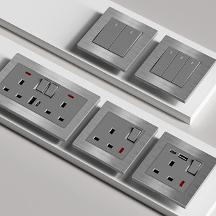 港澳版英式13A插座带USB快充 英标方脚国际开关面板金属拉丝灰色