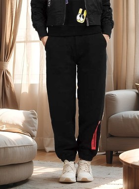 D701冬季潮牌男女加绒时尚百搭运动裤纯色直筒束脚运动休闲长裤子