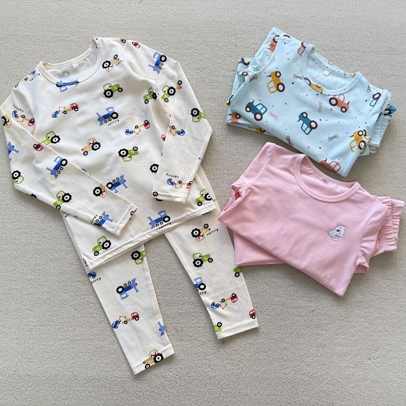 110-150码 外贸春秋男女儿童纯氨棉印花内衣套装家居服秋衣套装