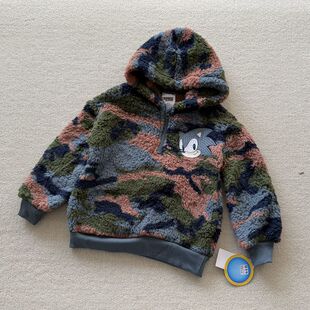 120-160码 外贸秋冬男女儿童迷彩珊瑚绒卡通毛绒半拉链连帽卫衣