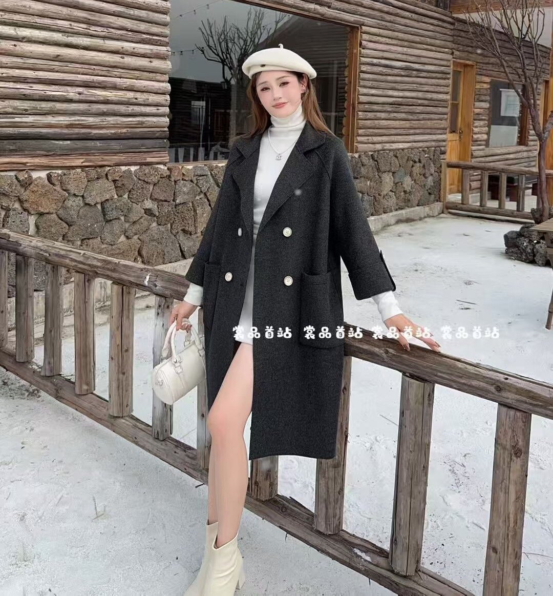 新款冬季大衣女职业西装大衣外套双排扣双面羊绒黑色中长款呢大衣