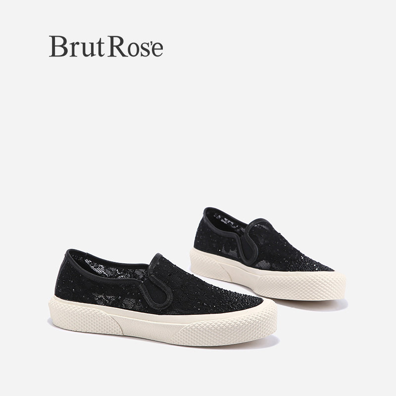 BrutRose2023夏新款蕾丝水钻板鞋女薄款舒适休闲鞋一脚蹬平底鞋子