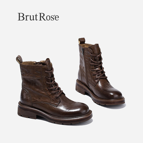BrutRose2024秋冬新款复古粗跟牛皮中筒靴女拼接时尚马丁靴时装靴
