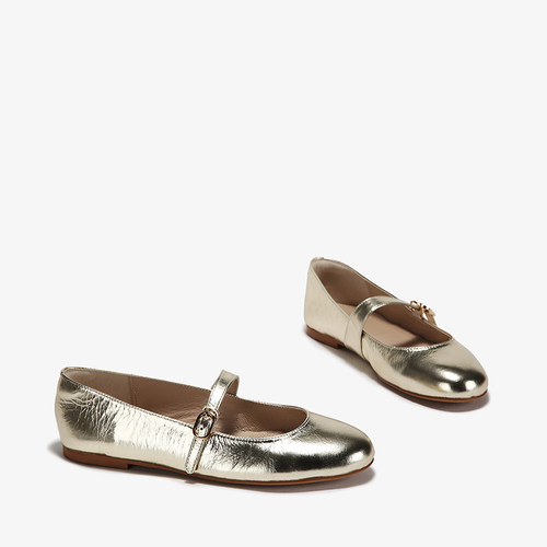 BrutRose金色玛丽珍鞋子女秋季软底平底法式芭蕾单鞋浅口真皮圆头