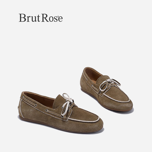 BrutRose2024春季新款磨砂牛皮小皮鞋女复古轻便单鞋减龄平底鞋子