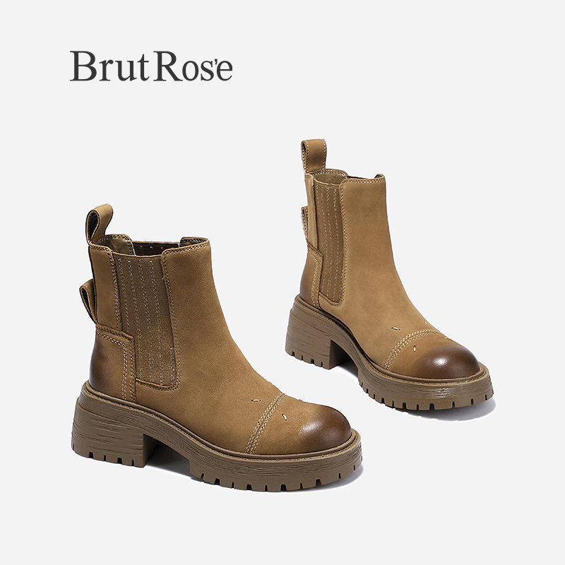 BrutRose2024早秋新款美式潮流切尔西靴轻奢羊皮中筒靴女网红靴子