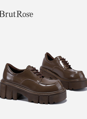 BrutRose2023秋季新款增高欧美小皮鞋女系带复古单鞋牛皮制服鞋子
