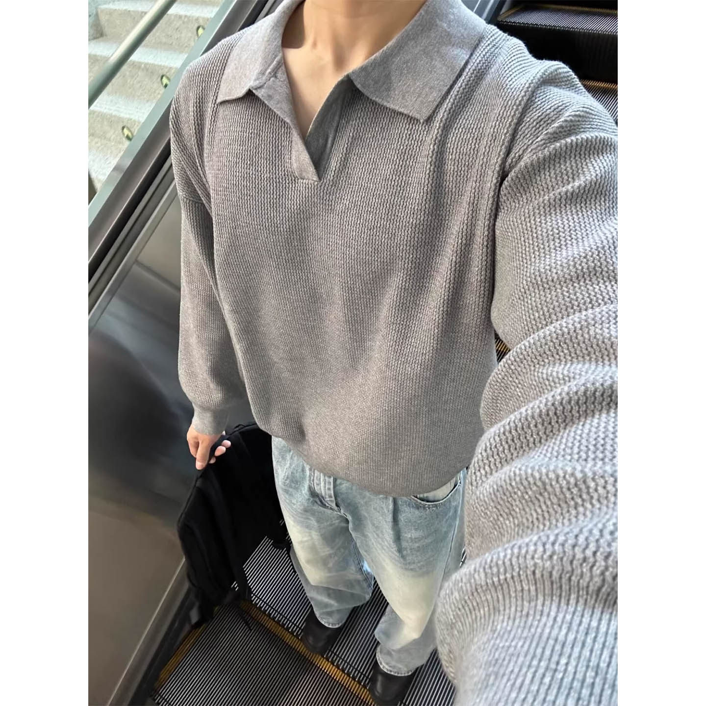 美式复古V领POLO翻领秋冬毛衣