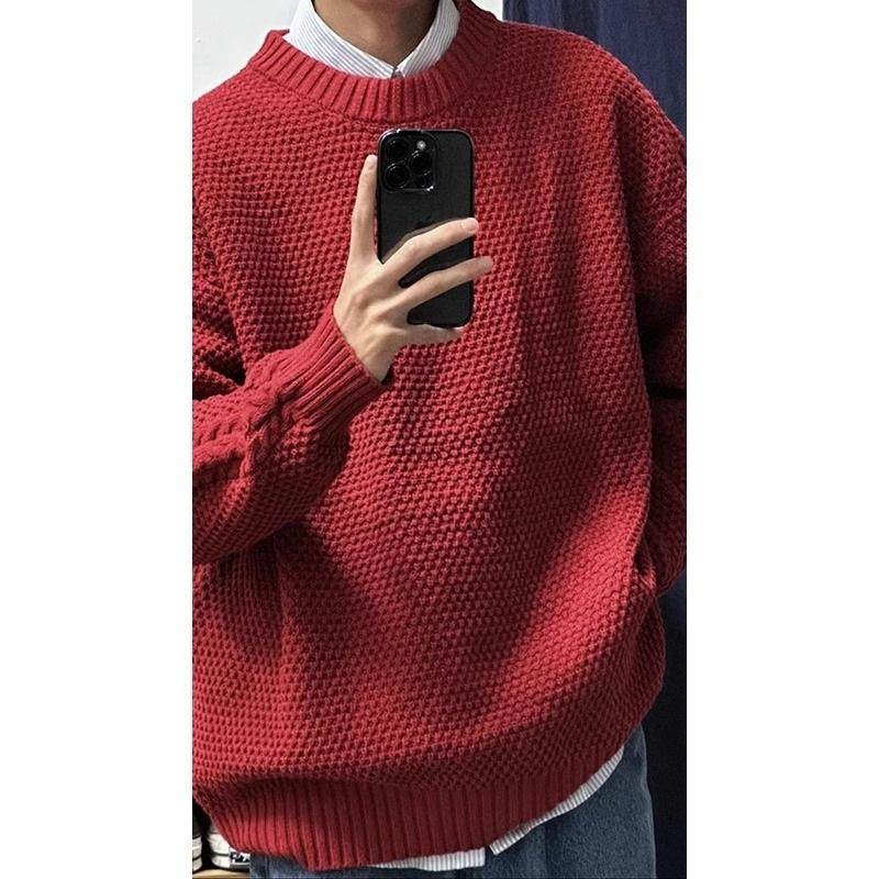 日系宽松圆领外穿红色毛衣