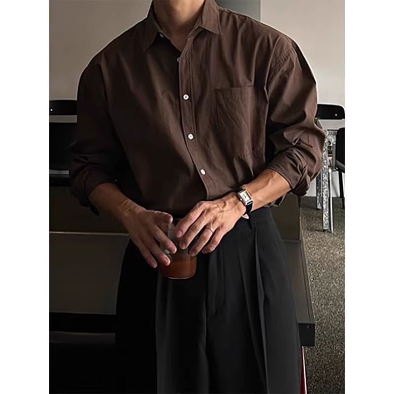 棕咖男夏复古棉麻宽松通勤衬衫