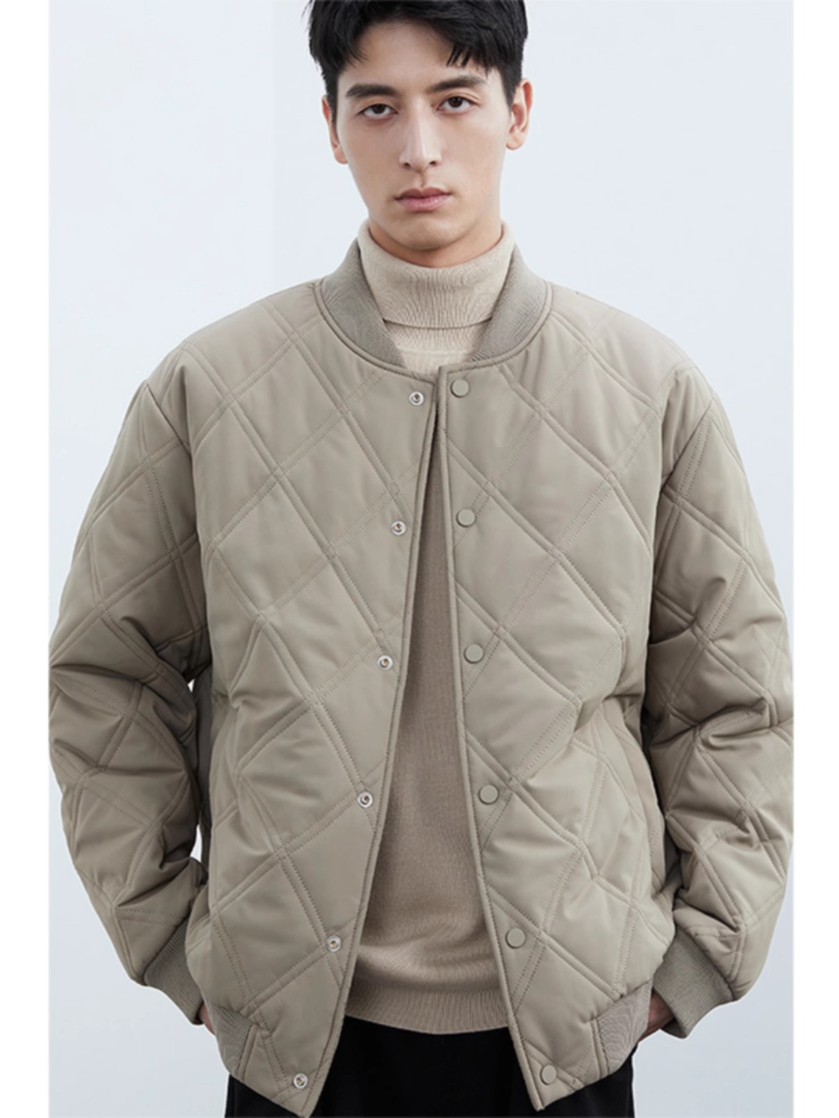 菱形格保暖棉衣男士休闲棒球领