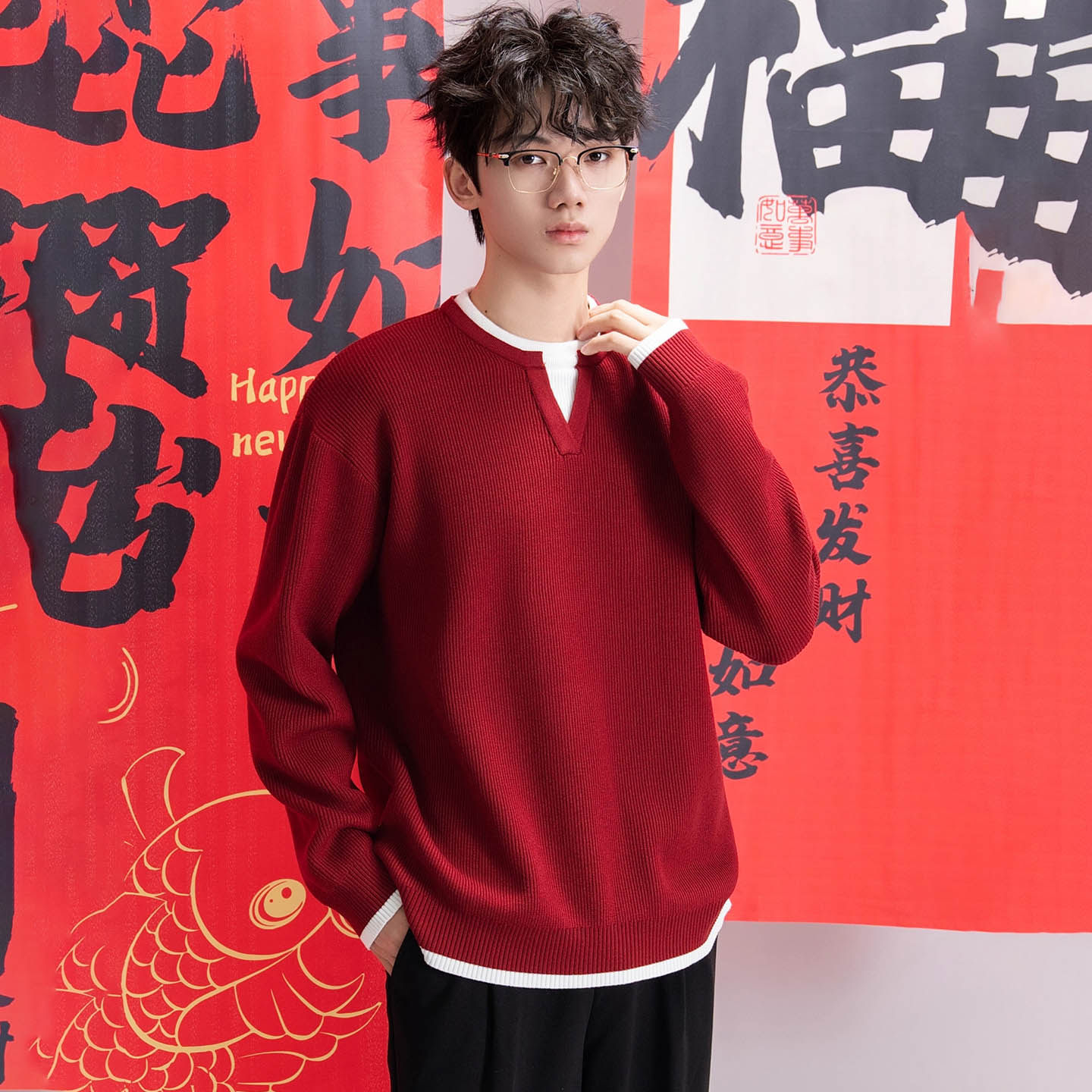 秋冬男假两件红色本命年毛衣