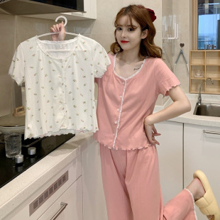 甜美网红两件套装 睡衣女夏款 2026年新款 长裤 家居服可外穿 纯棉短袖