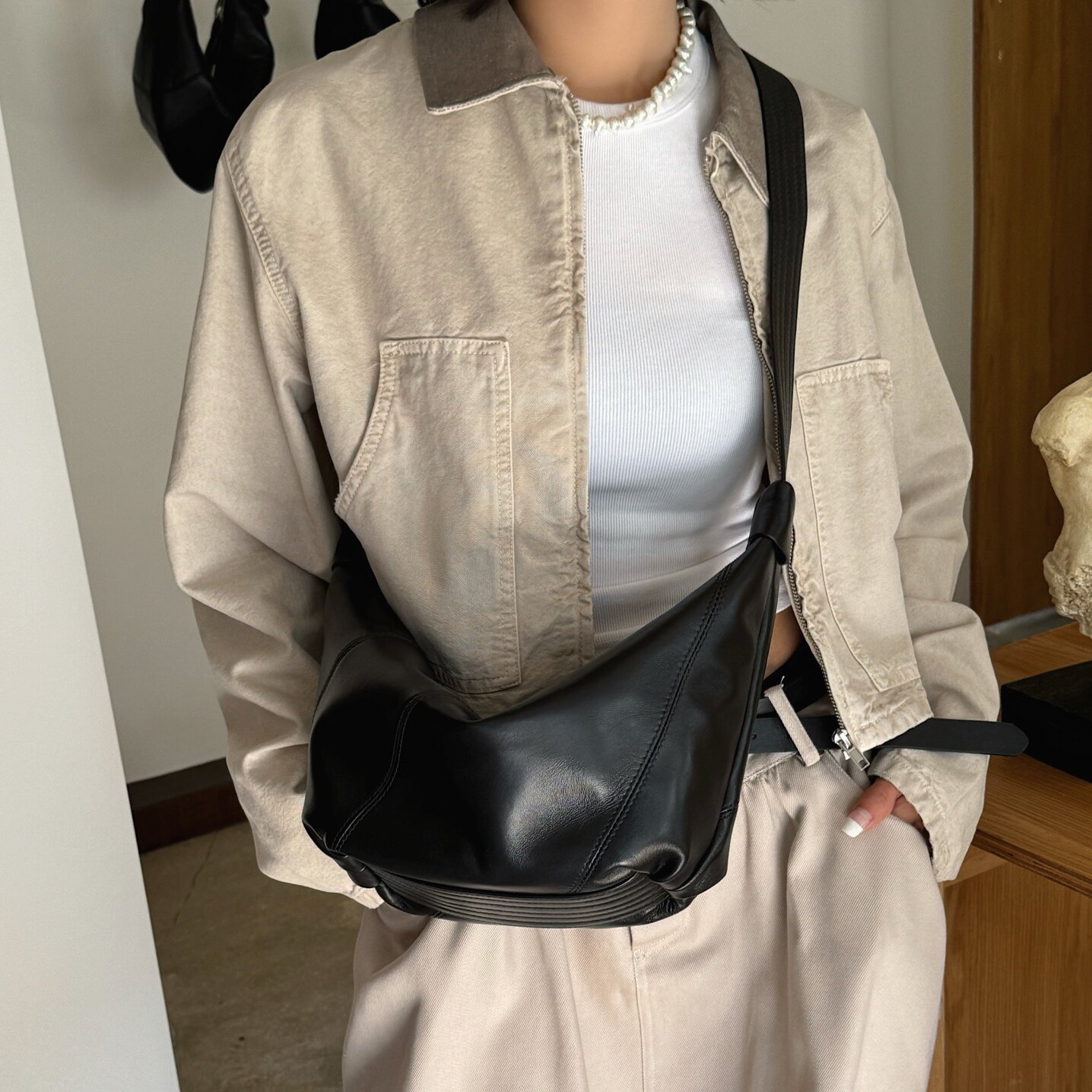 阿朵女包2025新款软羊皮腋下饺子包高级感百搭单肩斜挎包牛角胸包