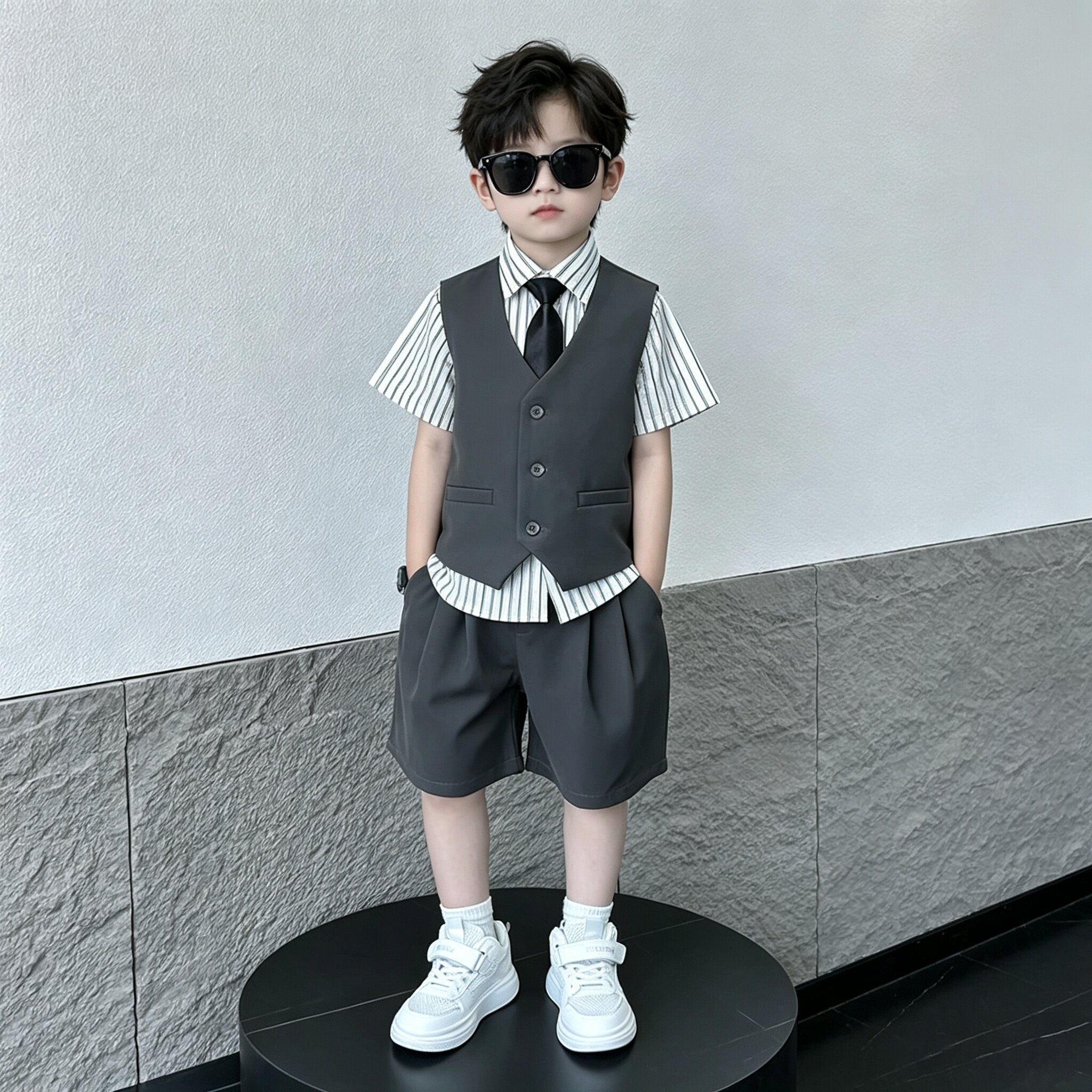男童西装套装夏季马甲三件套儿童主持人礼服小男孩舞蹈演出表演服