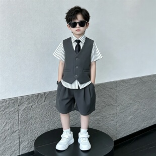 男童西装套装夏季马甲三件套儿童主持人礼服小男孩舞蹈演出表演服
