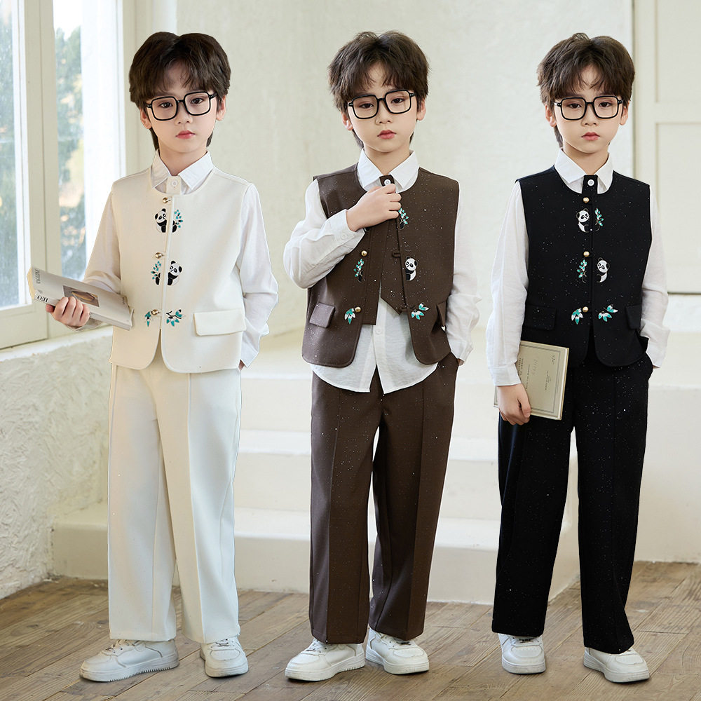 儿童西装套装花童礼服新中式国风马甲男童刺绣汉服小主持人演出服