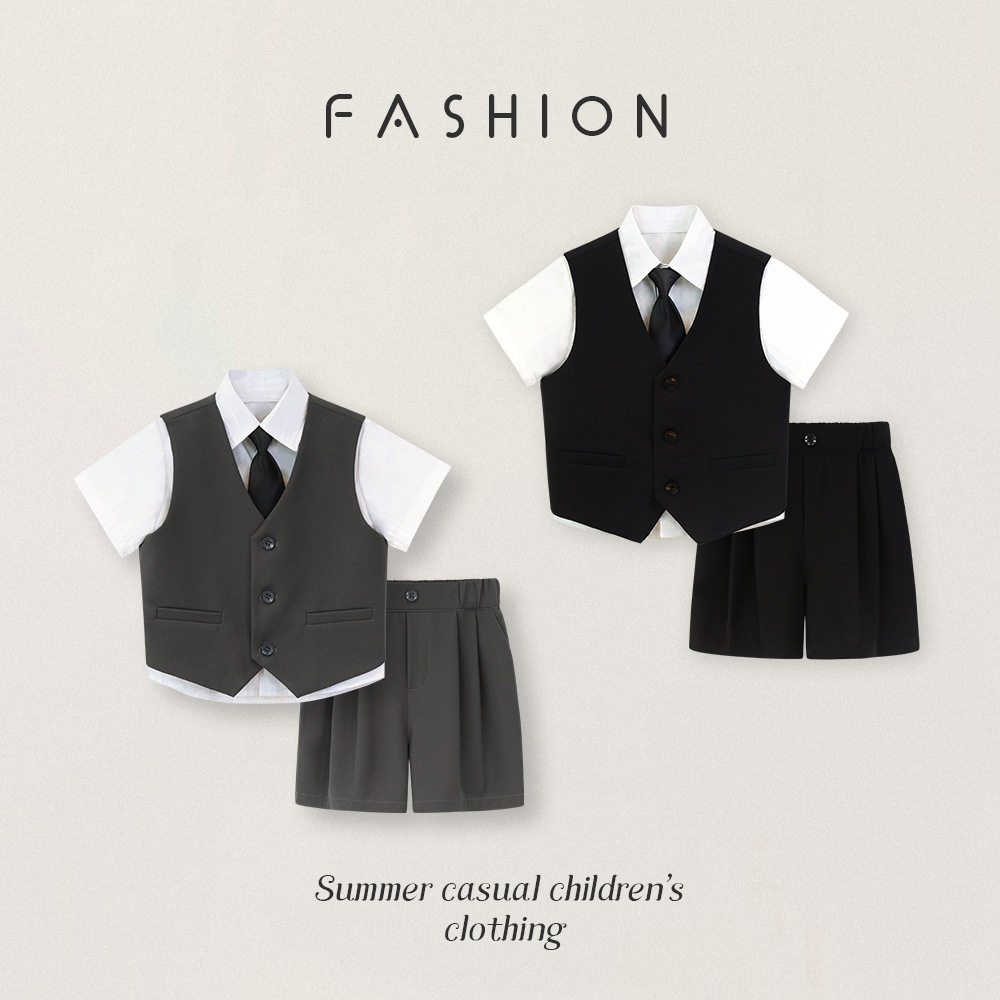儿童西装男童夏季休闲帅气马甲套装男孩主持人演出服花童周岁礼服