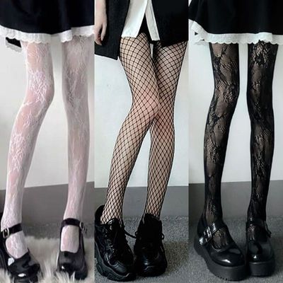 日系lolita镂空蕾丝网袜打底连裤袜洛丽塔复古花藤白色黑丝袜