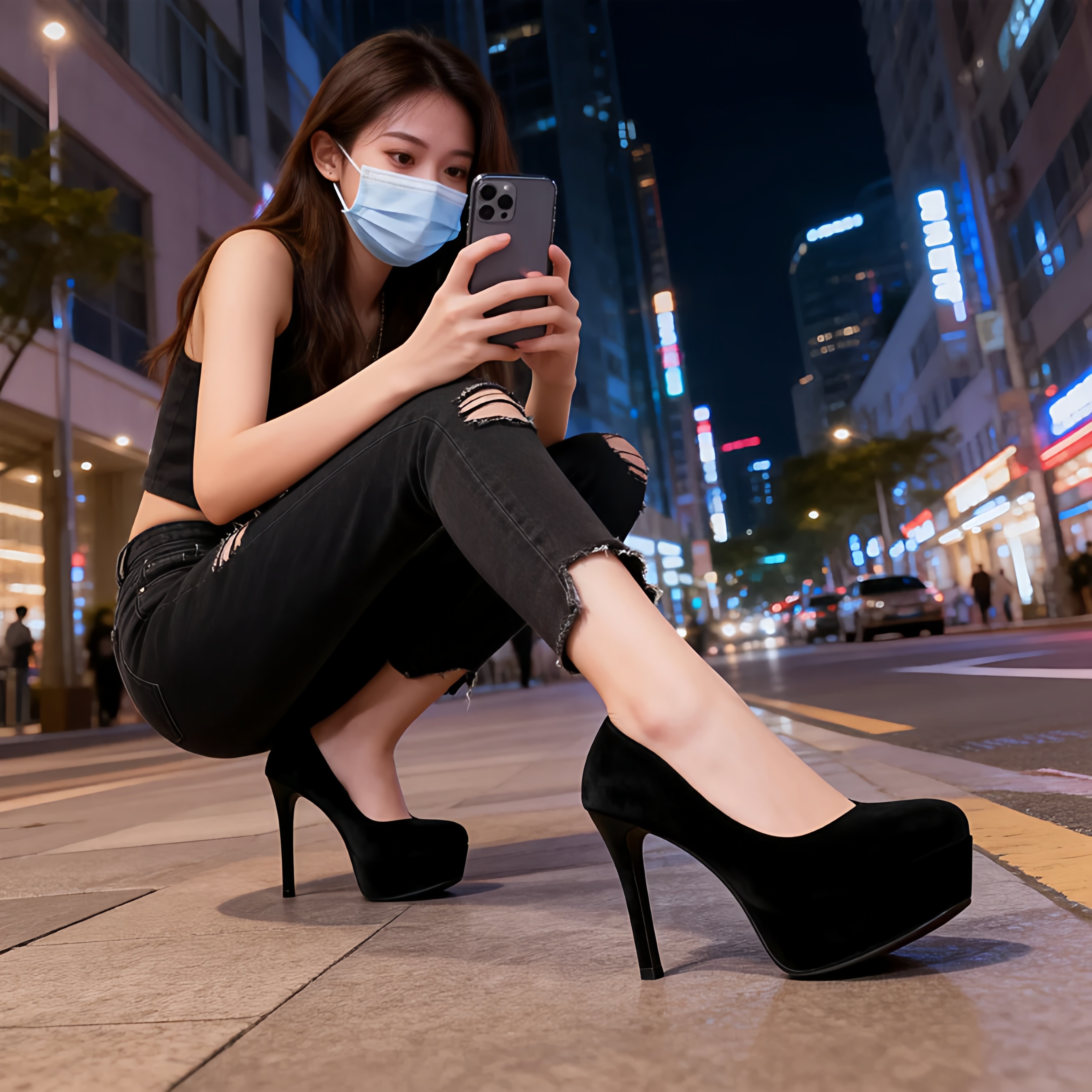 绝美百搭不累脚高跟细跟工作单鞋女10CM黑色时尚防水台绒面女鞋子