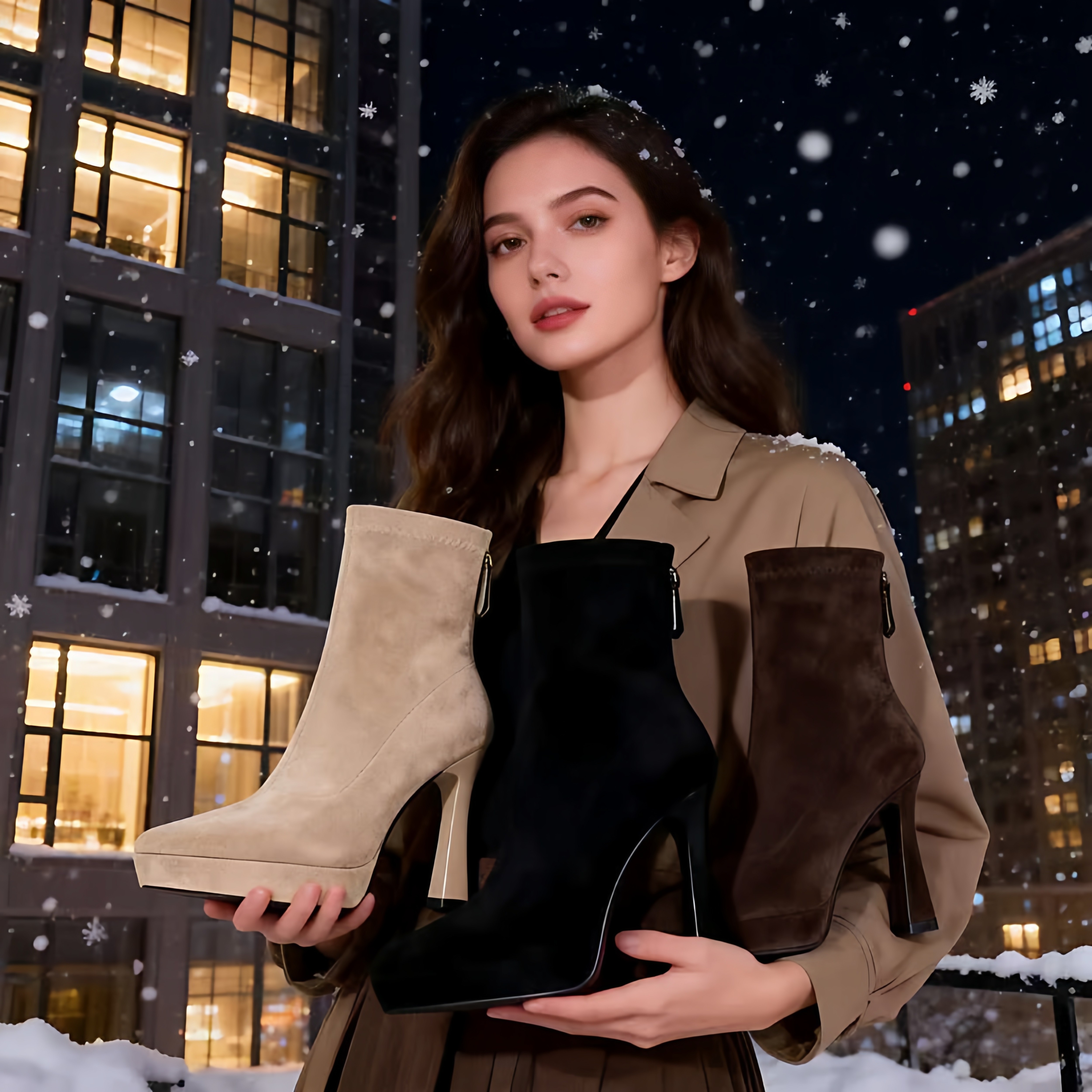 不累脚12cm高跟短靴女秋冬新款防水台绒面弹力靴尖头小粗跟瘦瘦靴